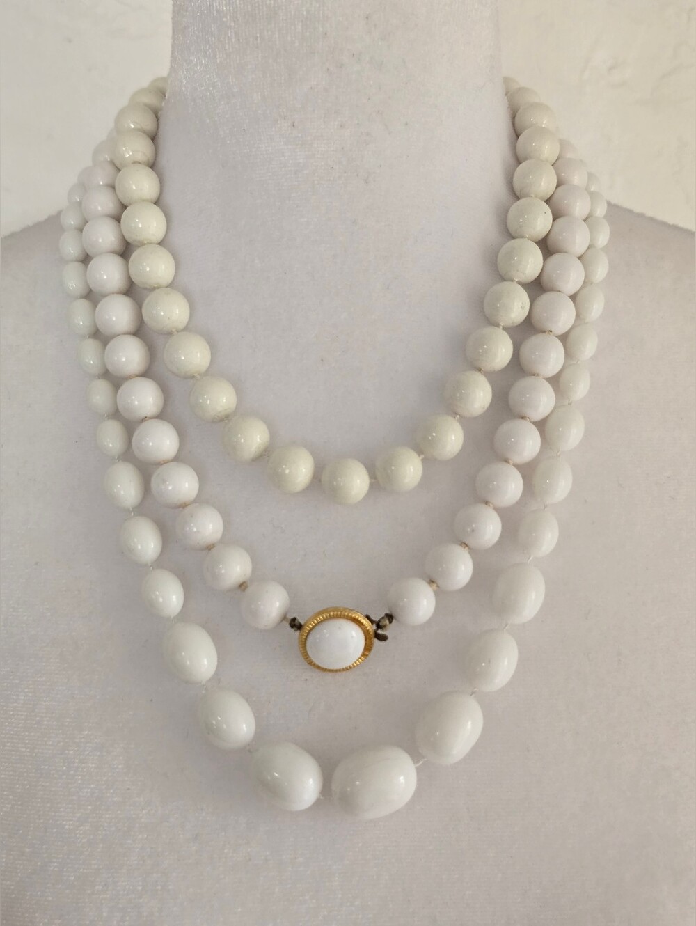 Vintage White Multi-Strand Beaded Necklace with Gold Accent